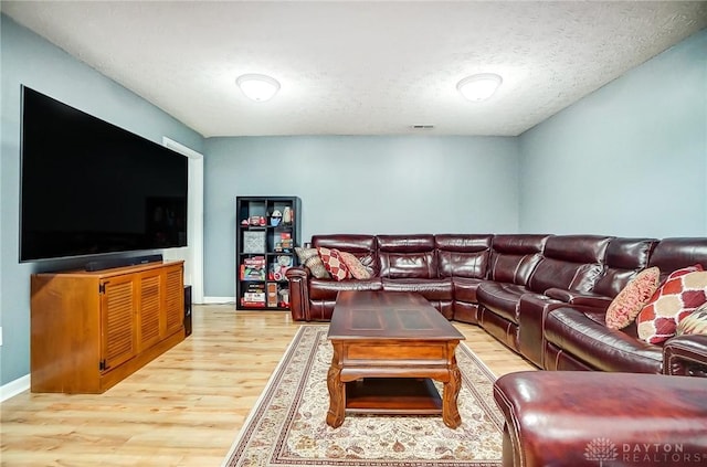 living room featuring a textured ceiling and light hardwood / wood-style flooring