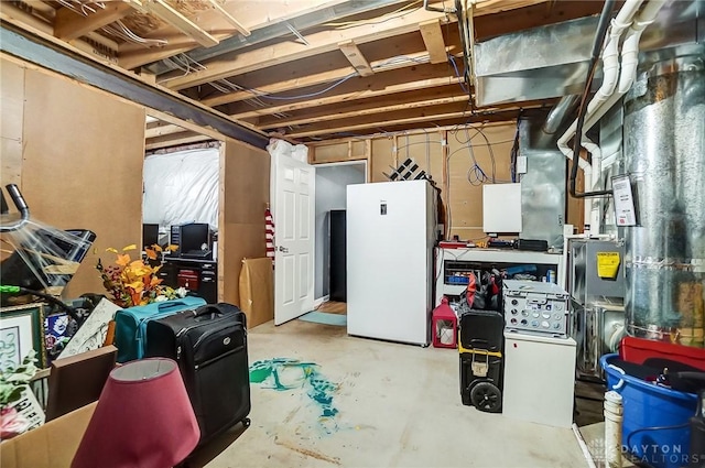 basement with white fridge