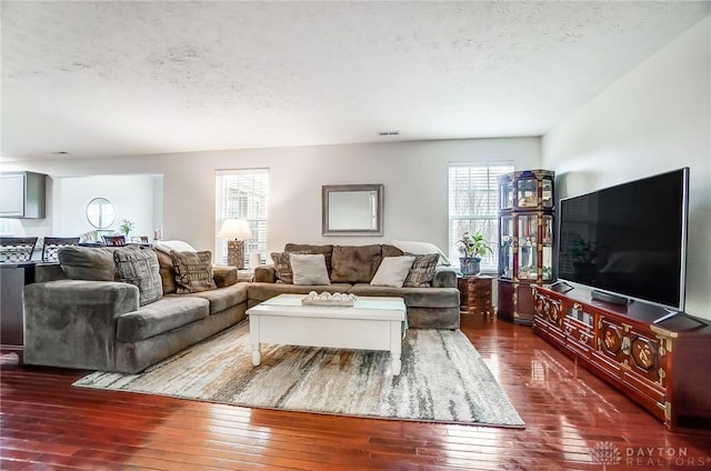 living room with dark wood-type flooring and a textured ceiling