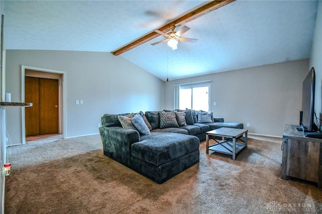 carpeted living room with ceiling fan and lofted ceiling with beams