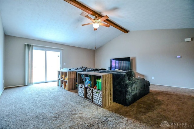 living room with ceiling fan, carpet floors, and vaulted ceiling with beams