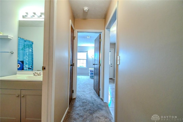 hall featuring sink, light colored carpet, and a textured ceiling