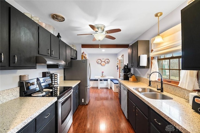 kitchen featuring sink, ceiling fan, appliances with stainless steel finishes, dark hardwood / wood-style flooring, and decorative light fixtures