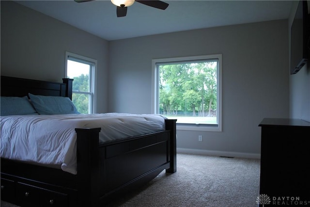 bedroom with multiple windows, ceiling fan, and carpet