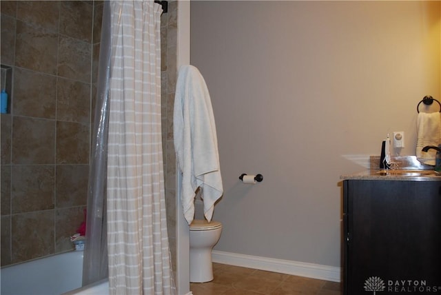 bathroom featuring shower / tub combo with curtain, toilet, and tile patterned flooring