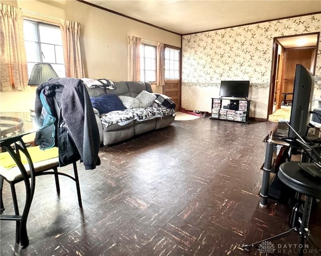 living room with crown molding