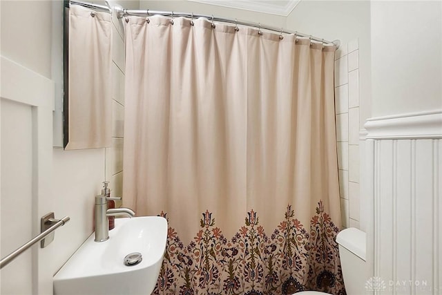 bathroom featuring sink, crown molding, toilet, and a shower with shower curtain