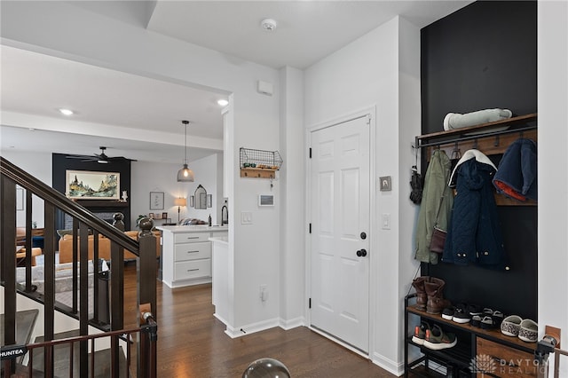 foyer entrance featuring sink, dark hardwood / wood-style floors, and ceiling fan