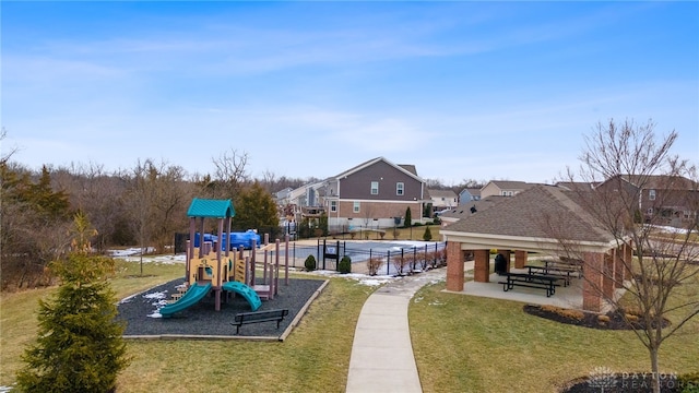 view of play area with a gazebo and a yard