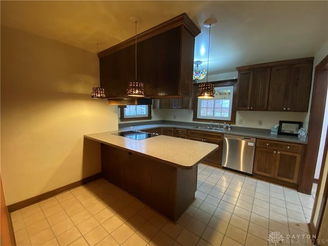 kitchen with sink, dishwasher, black electric stovetop, decorative light fixtures, and kitchen peninsula