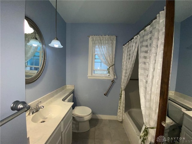 full bathroom featuring tile patterned flooring, vanity, shower / tub combo, and toilet