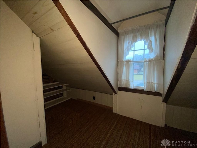 additional living space with vaulted ceiling and wooden walls