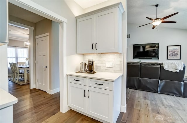 bar featuring white cabinetry, decorative backsplash, and light hardwood / wood-style flooring