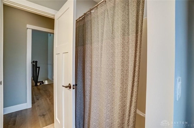 bathroom with hardwood / wood-style flooring