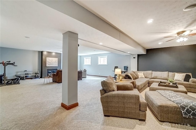 living room featuring light colored carpet and ceiling fan