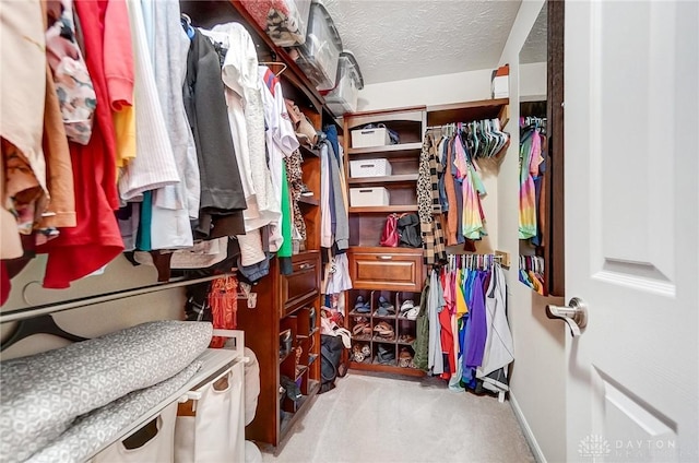 walk in closet featuring light carpet