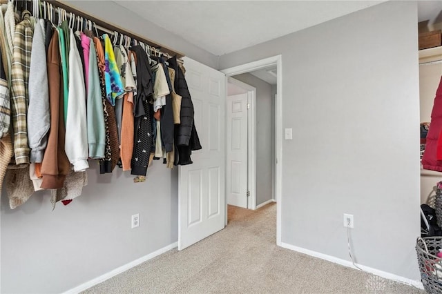 spacious closet featuring light colored carpet