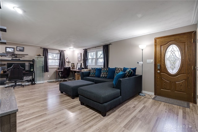 living room featuring crown molding and light hardwood / wood-style floors