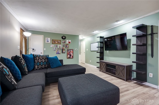 living room featuring ornamental molding and light wood-type flooring