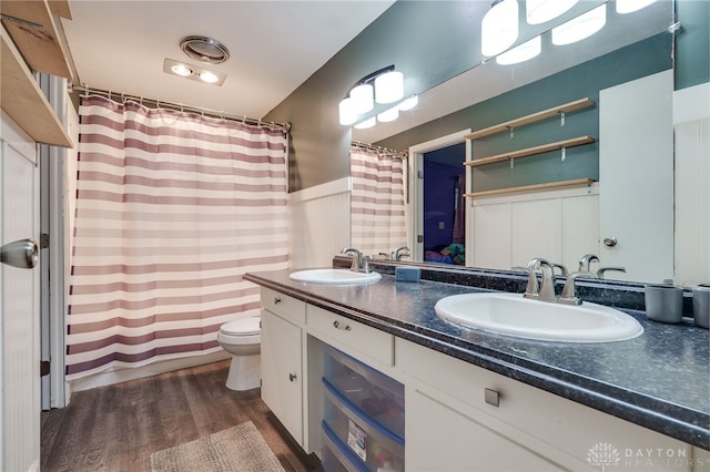 bathroom with vanity, toilet, and wood-type flooring