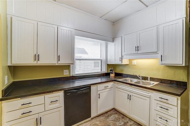 kitchen with black dishwasher, sink, and white cabinets