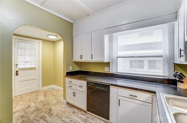 kitchen featuring white cabinetry, sink, crown molding, and black dishwasher