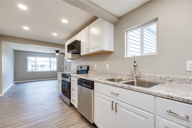 kitchen featuring sink, white cabinetry, light hardwood / wood-style flooring, ceiling fan, and stainless steel appliances