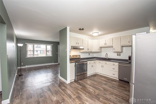 kitchen with sink, appliances with stainless steel finishes, a baseboard heating unit, white cabinets, and dark hardwood / wood-style flooring