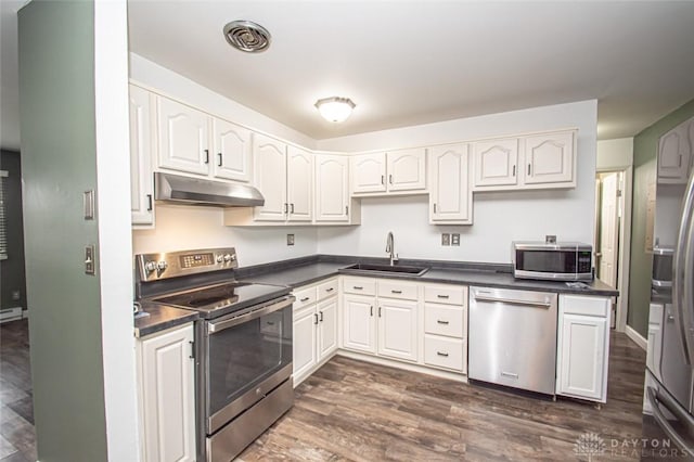 kitchen with white cabinetry, appliances with stainless steel finishes, sink, and dark hardwood / wood-style flooring