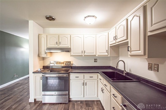 kitchen featuring white cabinetry, dark hardwood / wood-style flooring, sink, and electric range