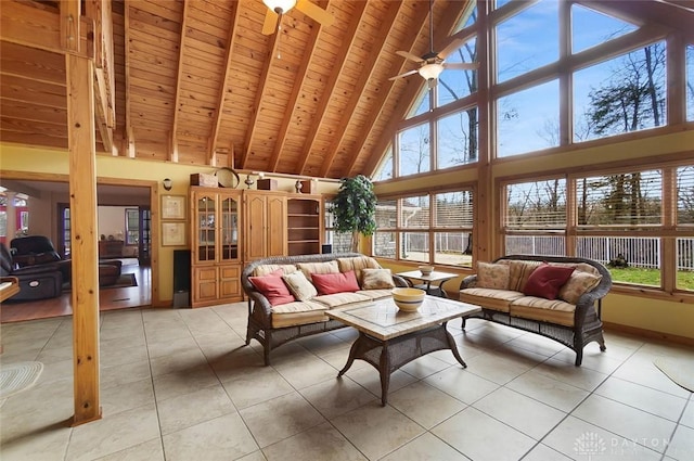 sunroom featuring lofted ceiling with beams, ceiling fan, and wood ceiling