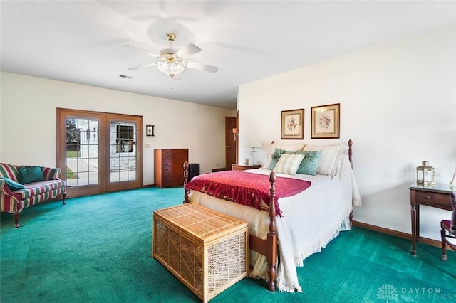 bedroom with access to exterior, carpet floors, french doors, and ceiling fan