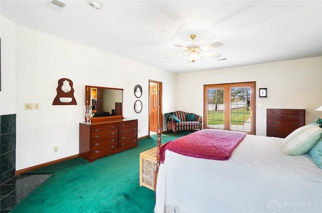 carpeted bedroom with access to outside and ceiling fan