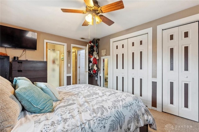 carpeted bedroom featuring ceiling fan