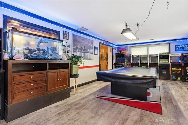 recreation room featuring pool table and light hardwood / wood-style floors