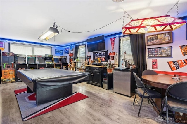 game room with wood-type flooring and pool table