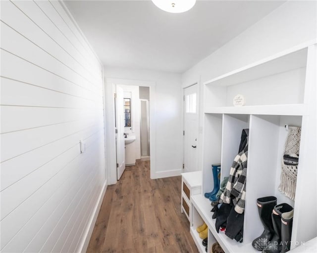 330 W Spring St, Eaton, OH 45320 - mudroom featuring wood finished floors, wood walls, and baseboards