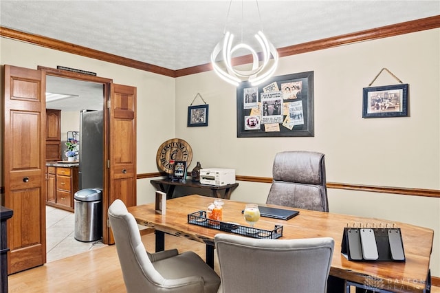 office with a notable chandelier, crown molding, a textured ceiling, and light wood-type flooring