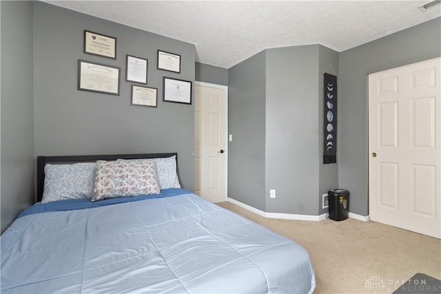 bedroom with carpet flooring and a textured ceiling