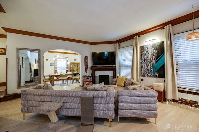 living room featuring ornamental molding, plenty of natural light, and light wood-type flooring