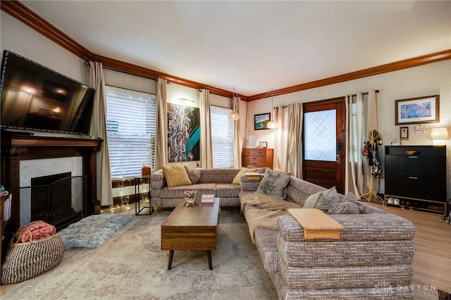 living room with crown molding, plenty of natural light, and wood-type flooring