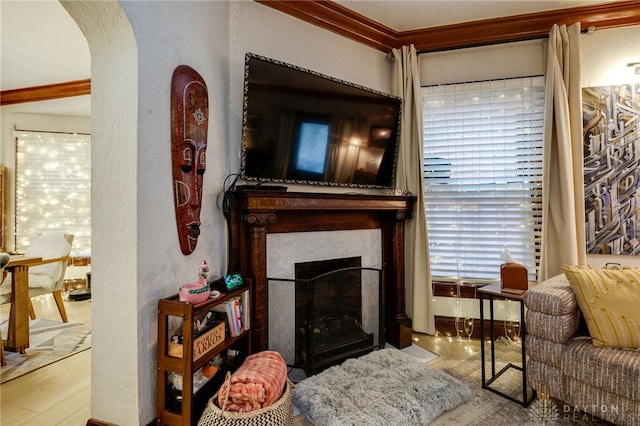 living room with ornamental molding and light wood-type flooring