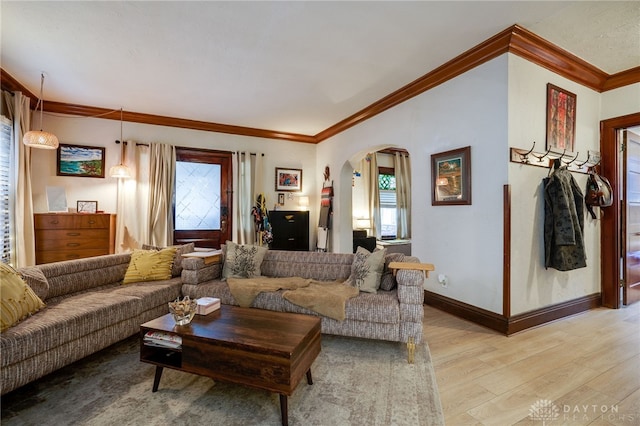 living room featuring crown molding, plenty of natural light, and light hardwood / wood-style flooring