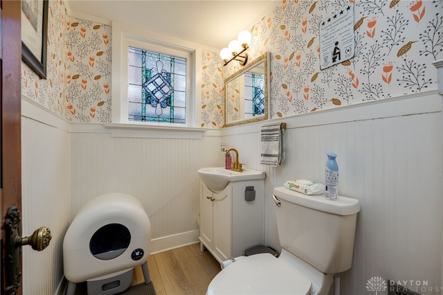 bathroom with vanity, hardwood / wood-style flooring, and toilet