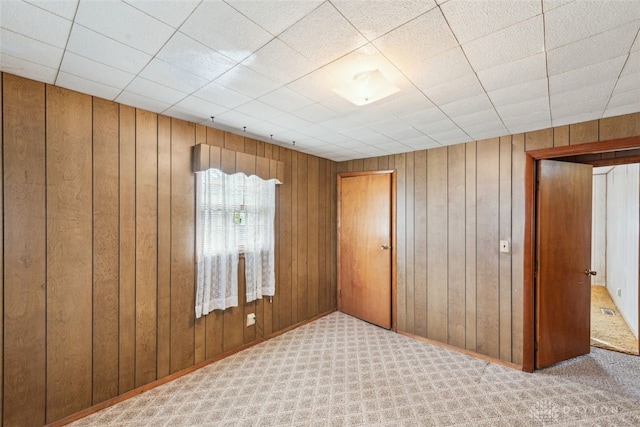 unfurnished room featuring carpet floors and wooden walls