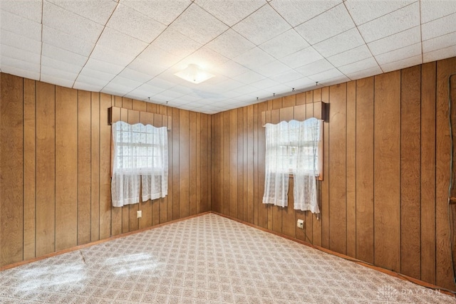 carpeted spare room with wood walls