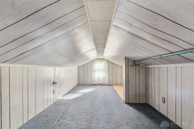 additional living space featuring vaulted ceiling, carpet floors, and wooden walls