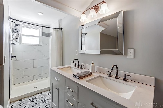 bathroom with vanity and curtained shower