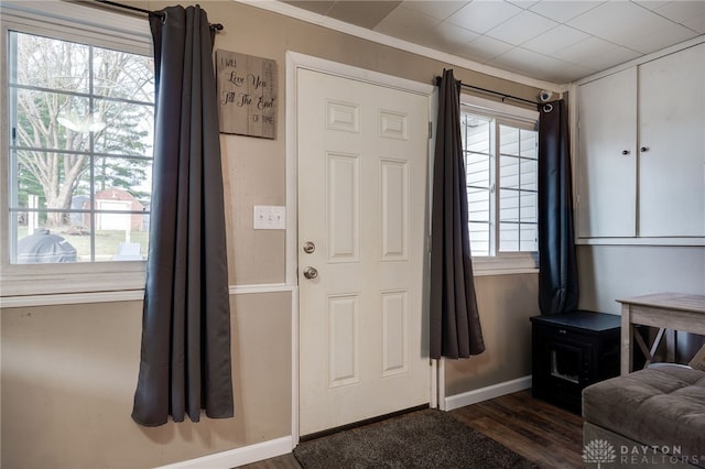 foyer featuring crown molding and dark hardwood / wood-style floors