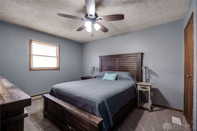 bedroom featuring dark colored carpet, ceiling fan, a textured ceiling, and a baseboard radiator